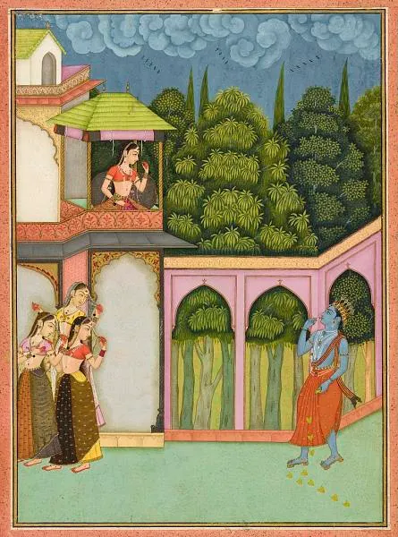 Krishna approaches Radha, folio from a Rasikpriya