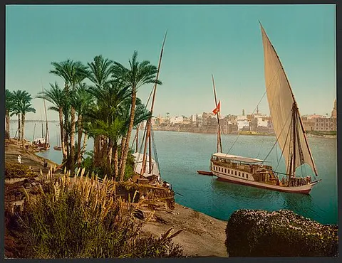 Egypt. Cairo. On the Nile shore near Boulac, with Dahableh making sail